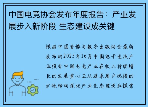 中国电竞协会发布年度报告：产业发展步入新阶段 生态建设成关键